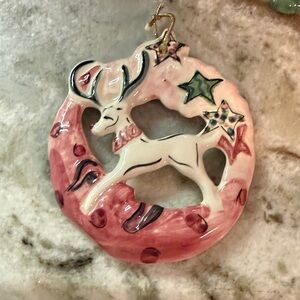Gail Pittman Pink and Green Reindeer Ornament